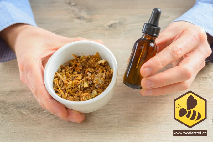 Propolisová tinktura a surový propolis v miskě