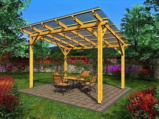 Dřevěná pergola v zahradě s nábytkem