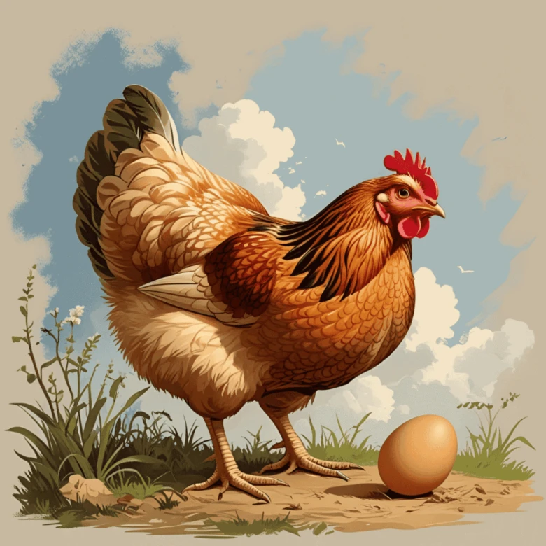 Ilustrace slepice s vejcem na trávníku