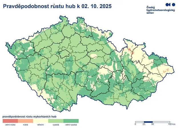 Mapa pravděpodobnosti růstu hub v České republice.