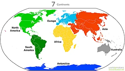 Mapa světa s sedmi kontinenty označenými anglicky.
