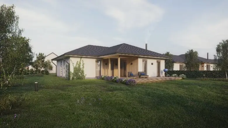 Moderní jednopodlažní bungalov v zelené krajině.