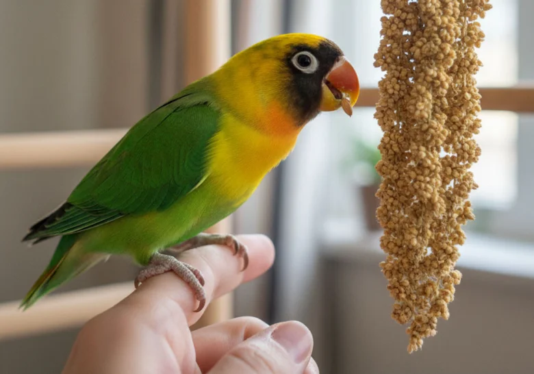 Agapornis růžohrdlý na prstu s krmivem