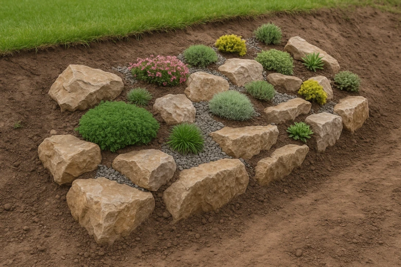 Rock garden with plants and stones