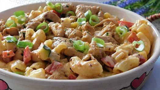 Hot, creamy chicken macaroni casserole ready to eat.
