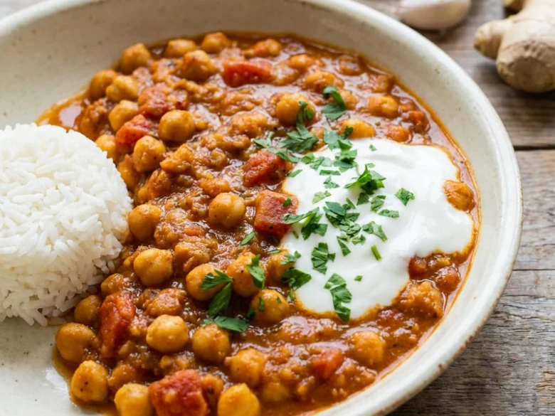 Chickpeas v kari s rýží a jogurtem
