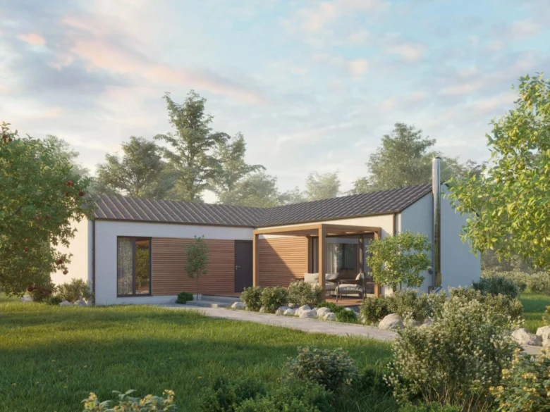 Moderní bungalov s půdorysem ve tvaru písmene L.