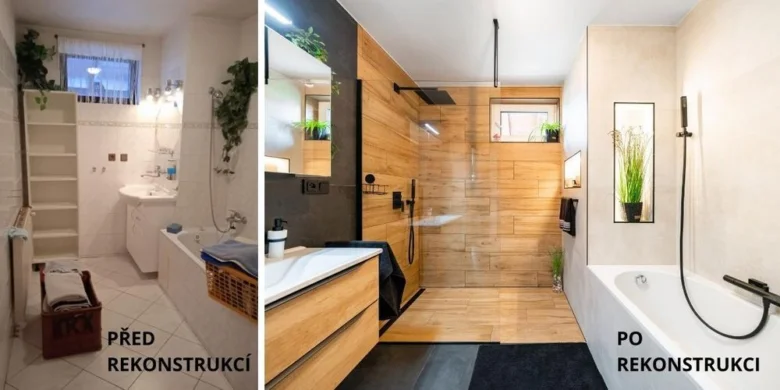Koupelna před a po rekonstrukci s dřevěnými prvky a šedým designem
