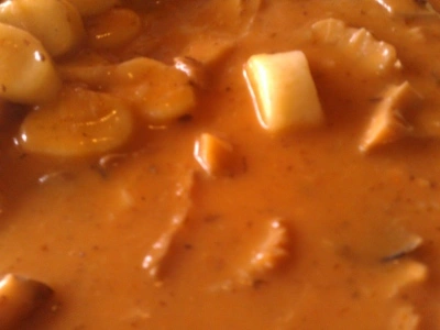 Hot healthy goulash made from fresh oyster mushrooms.