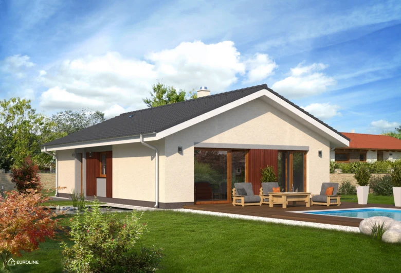 Modern bungalov na úzký pozemek s bazénem a zahradou