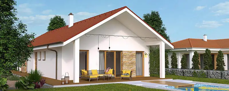Moderní bungalov na úzkém pozemku s bazénem