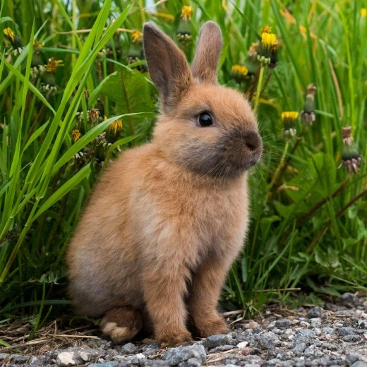 Malý hnědý králík sedí mezi trávou na štěrku.