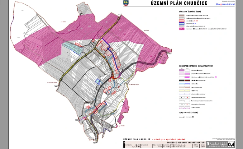 Mapa územního plánu obce Chudčice s rozdělením pozemků.