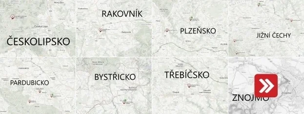 Mapa zatopených lomů v České republice s označením regionů.