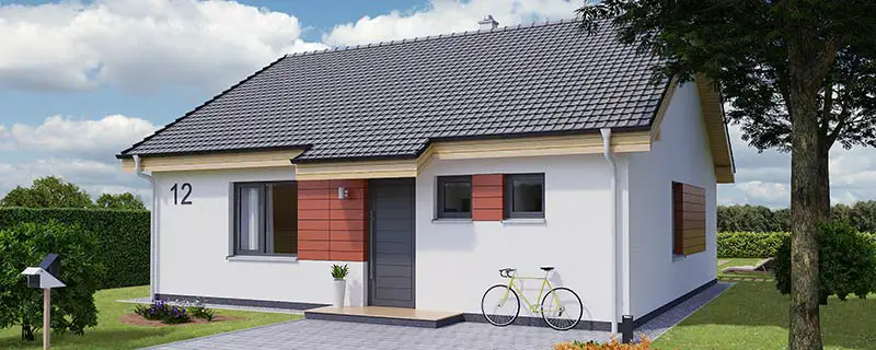 Bungalov s bílými stěnami a tmavou střechou, číslo 12