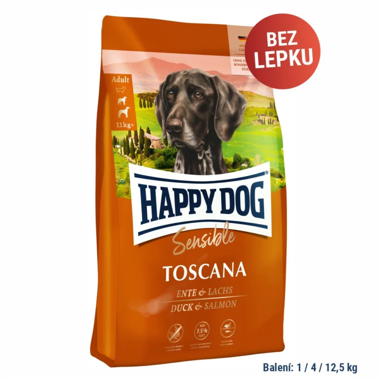Krmivo pro psy Happy Dog Toscana s kachnou a lososem bez lepku