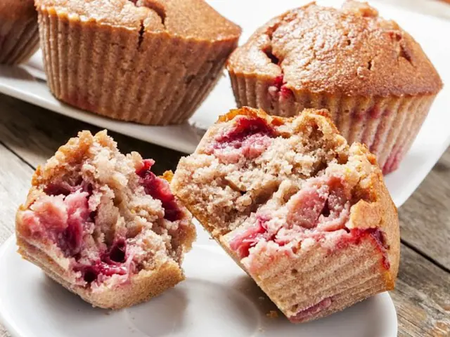 Zlatohnědé muffiny s jahodami rozlomené na polovinu.