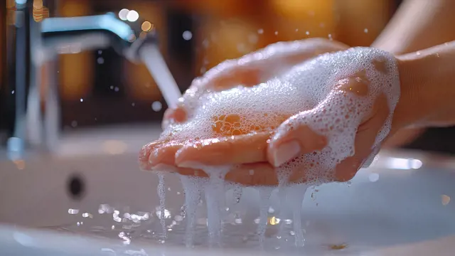 Mytí rukou mýdlem pod tekoucím vodním proudem.