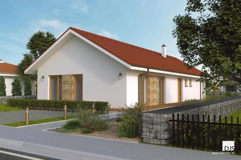 Moderní bungalov na úzký pozemek s zahradou a garáží