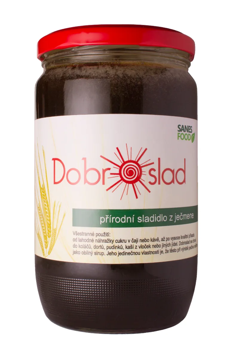 Sklenice ječného sladu Dobroslad s českým popisem.