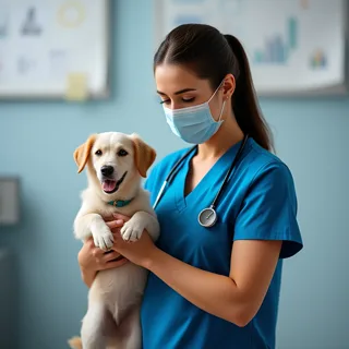 Veterinární asistentka drží štěně v ordinaci.