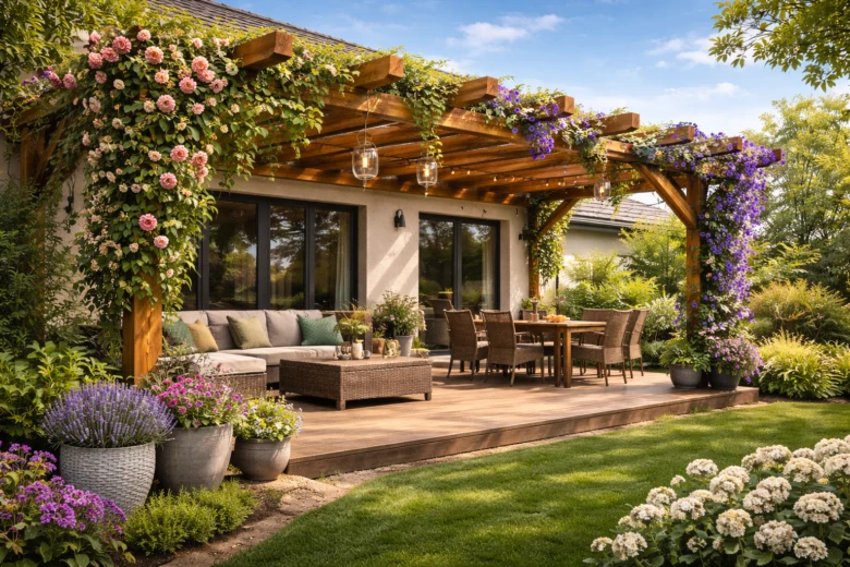 Dřevěná pergola s kvetoucími rostlinami na zahradní terase