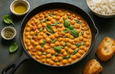 Chickpea curry s podáváním rýže a chleba