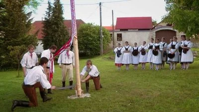 Muži v tradičních krojích zvedají májku, dívky sledují