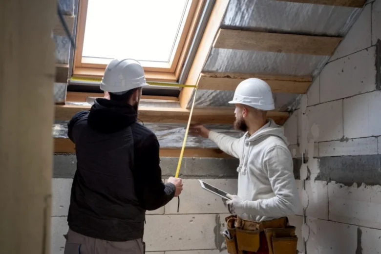Stavebníci měří vikýř v mansardovém stropě při instalaci.