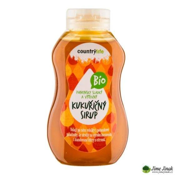 Fľaša kukuřičného sirupu značky Country Life s bio certifikátem.
