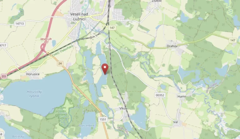 Mapa zatopených lomů v okolí Veselí nad Lužnicí