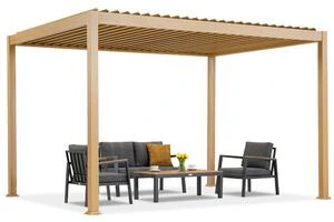 Moderní dřevěná pergola s venkovním nábytkem.