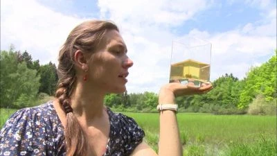 Žena drží skleničku s mlékem na pozadí zelené louky.