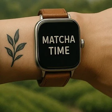 Rukavec s chytrým hodinkami ukazujícími text Matcha Time.