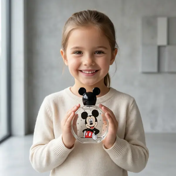 Dívka drží lahvičku s vůní v motivu Myši Micky.