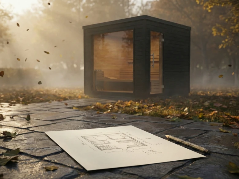 Finished sauna cabin in autumn setting with blueprint on gro