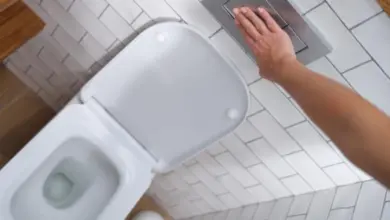Ruka tlačí na spoušť WC s otevřeným poklopem.