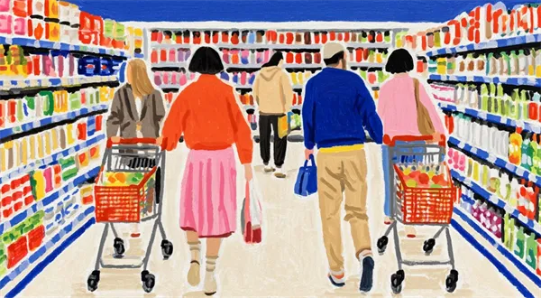 People shopping in supermarket aisle